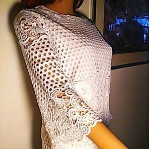 New Dress White Crochet Small Stand Lined Mini Bell See-Through Sleeves NWT